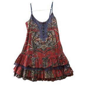 Stradivarius Boho Cami Mini Dress Womens S Brown Tiered Ruffle Paisley